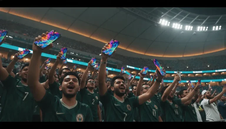 Enthusiastic soccer fans in green jerseys raising colorful smartphones in crowded stadium