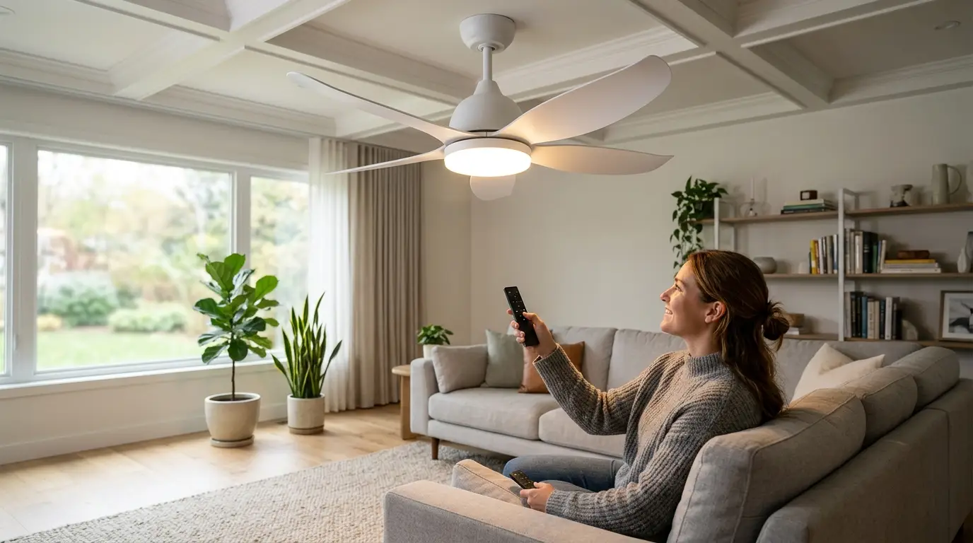 Woman adjusting modern ceiling fan with remote in cozy living room with large window
