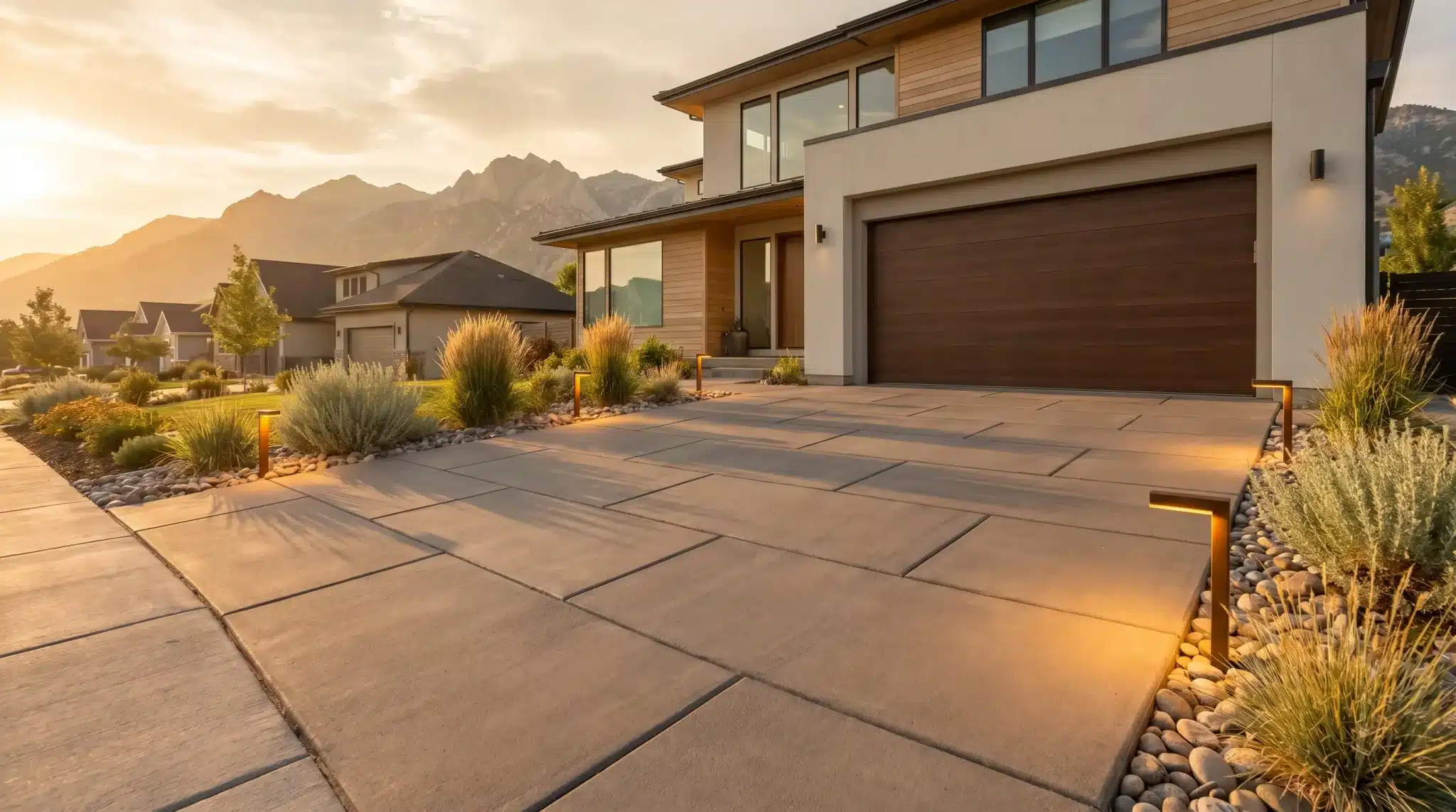 Modern house with landscaped front yard and mountain backdrop at sunset with warm lighting