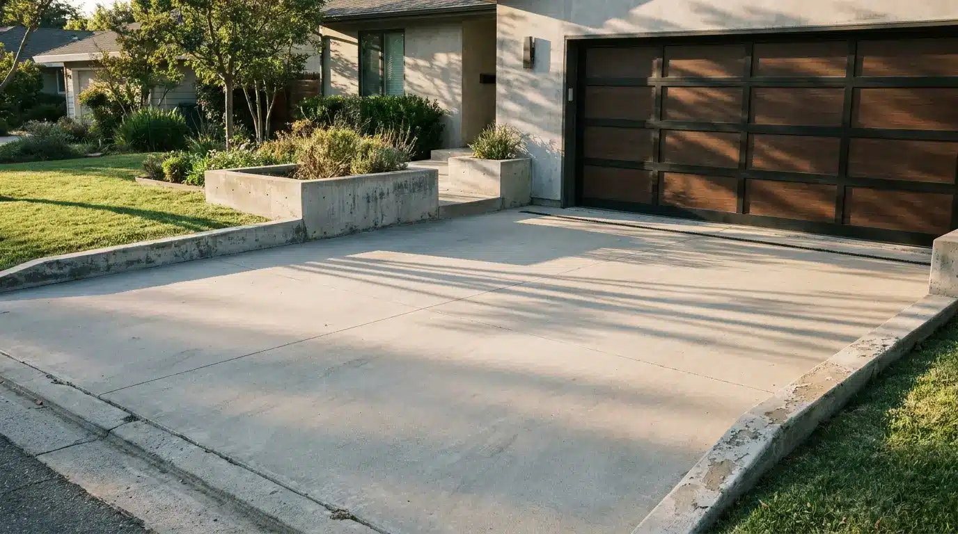 Concrete driveway with landscaped garden and modern garage door in suburban setting