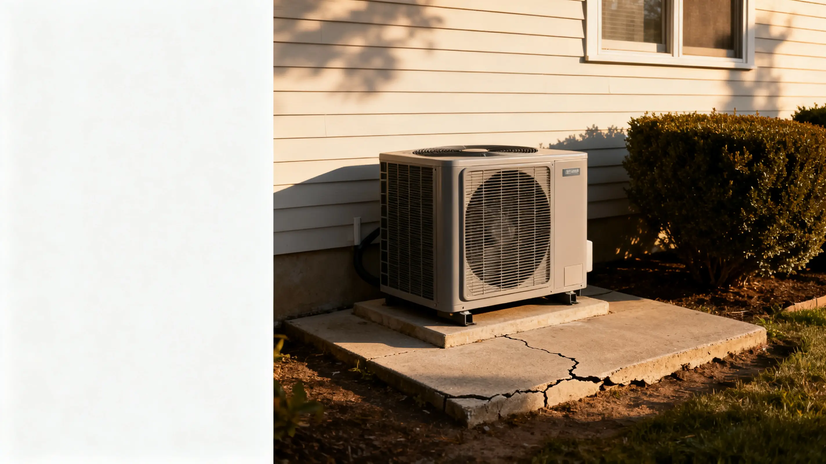 Outdoor air conditioning unit on cracked concrete slab near beige house siding and shrubs
