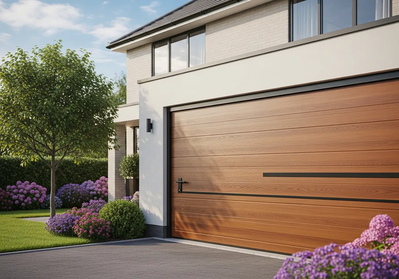 Modern house with wooden garage door and landscaped front yard with flowers and bushes