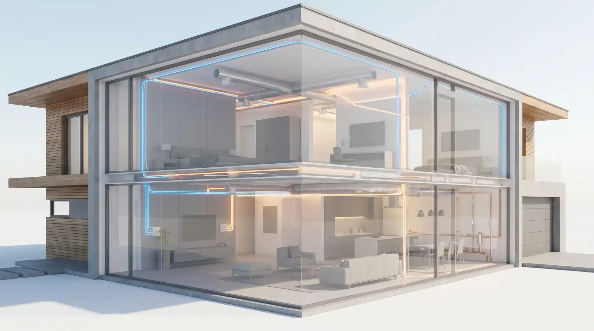 Modern two-story house with exposed plumbing and HVAC system in a glass-walled design