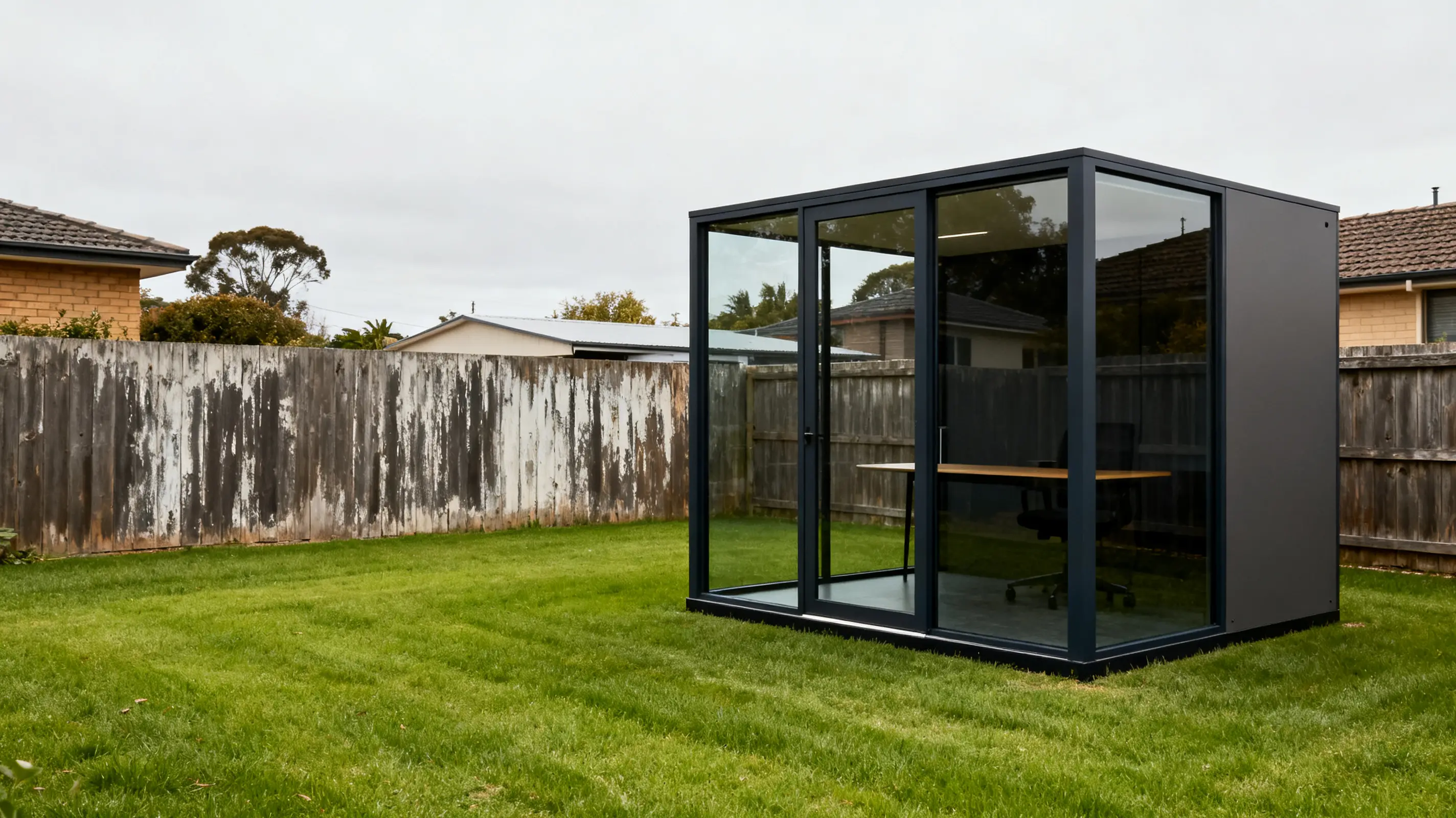 Glass-walled garden office shed with desk and chair on green lawn