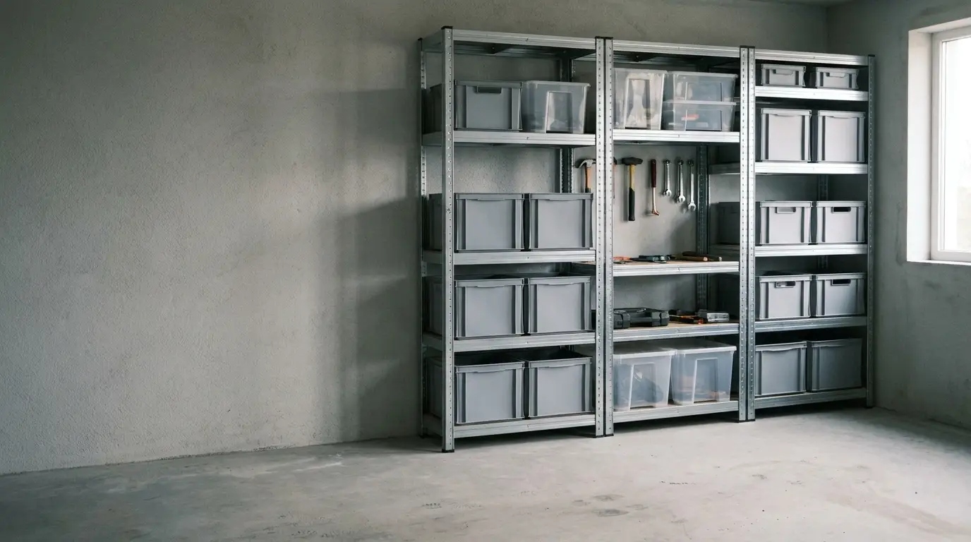 Metal storage shelves with gray bins and tools in a concrete garage lit by window.