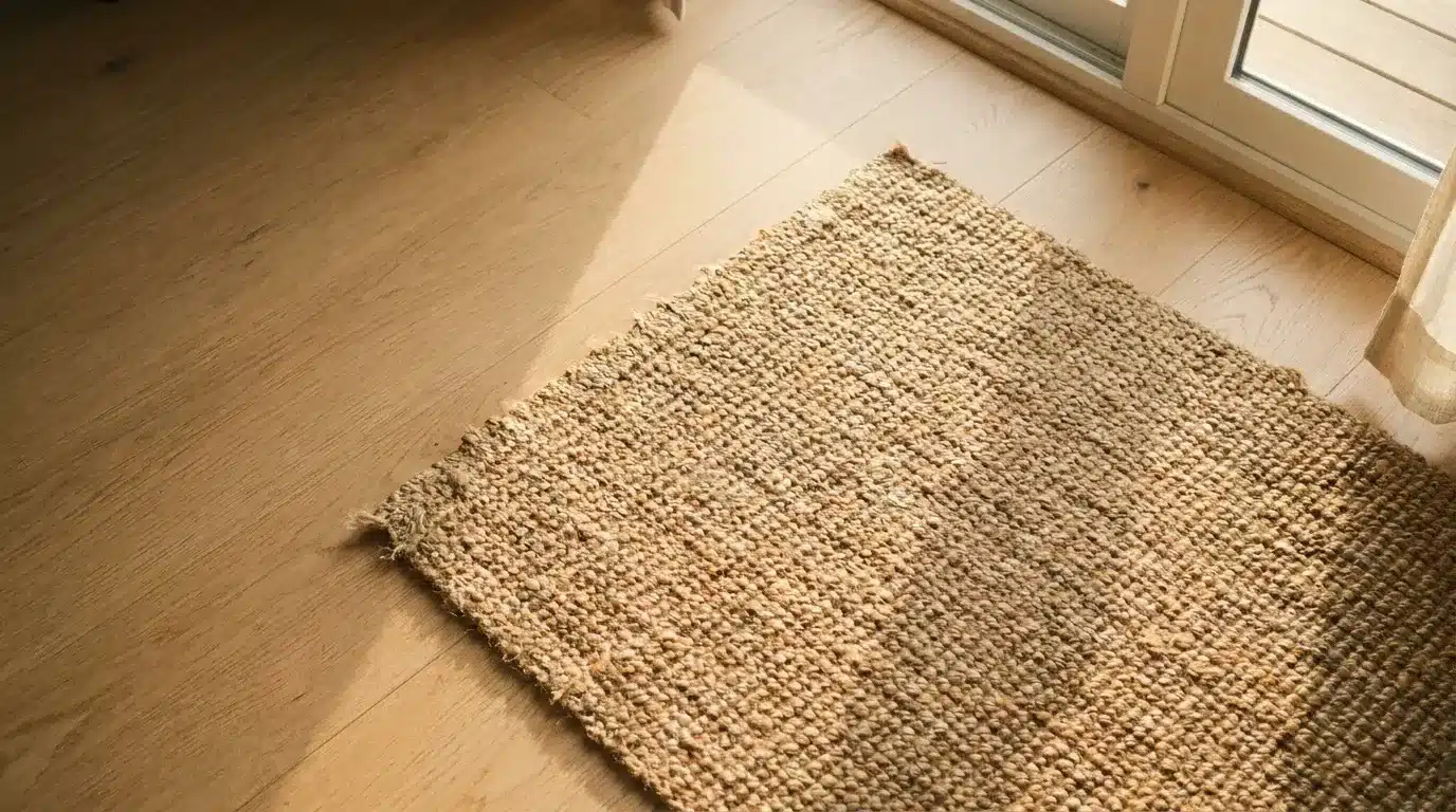 Woven jute rug on light wooden floor by sunlit window in cozy setting