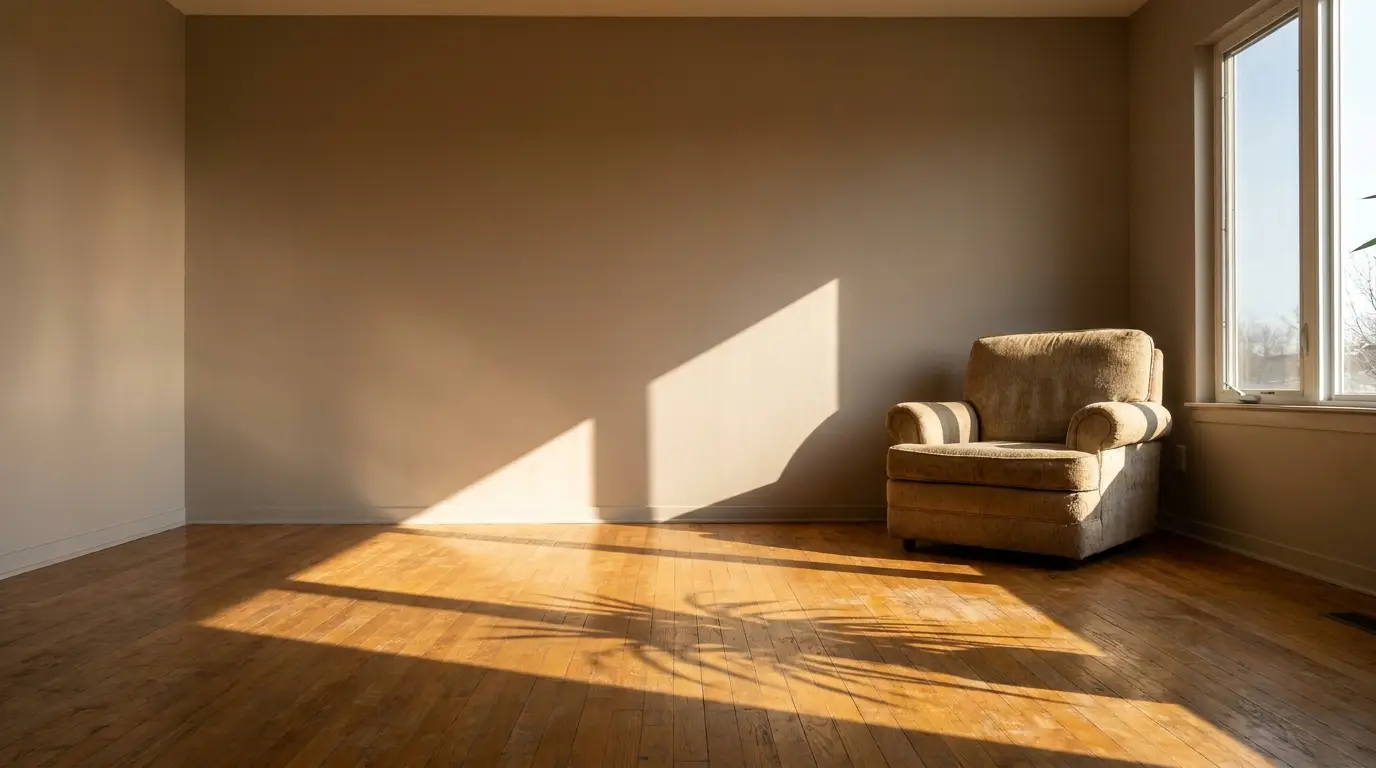 Brown armchair in sunlit empty room with hardwood floors and large window