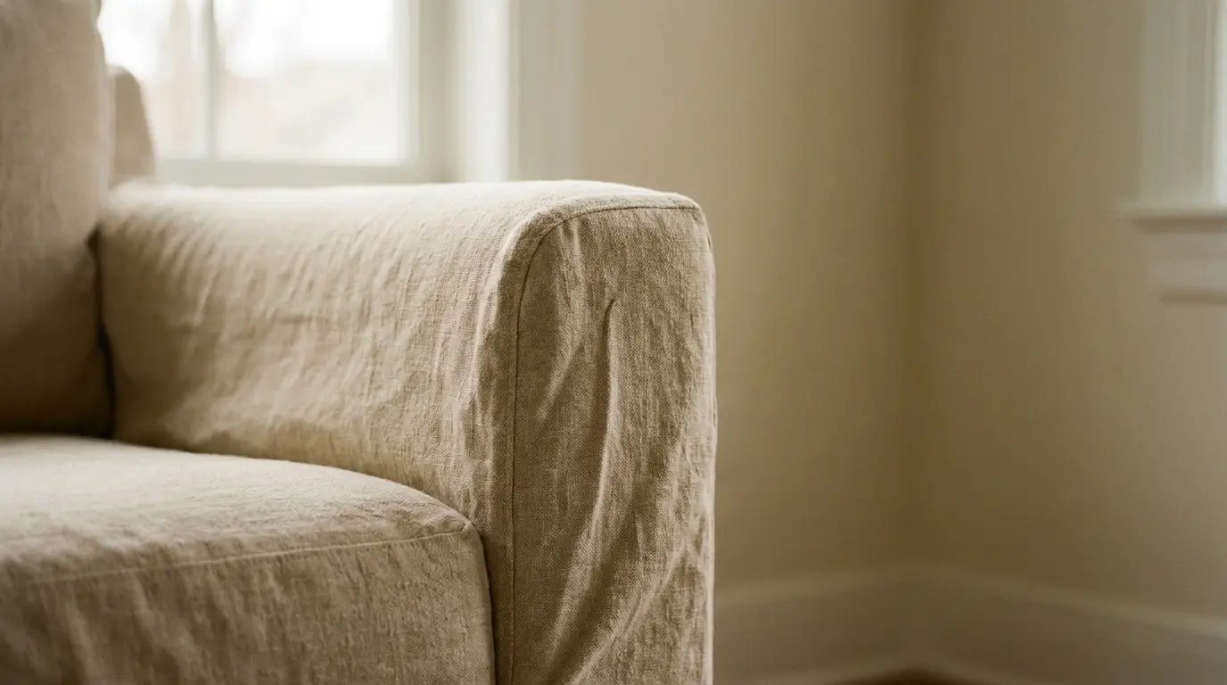 Beige linen sofa arm near large window in softly lit living room
