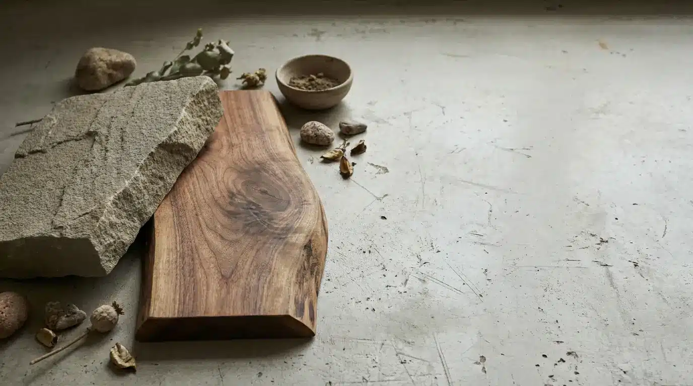 Stone and wood cutting board with scattered pebbles on textured concrete surface