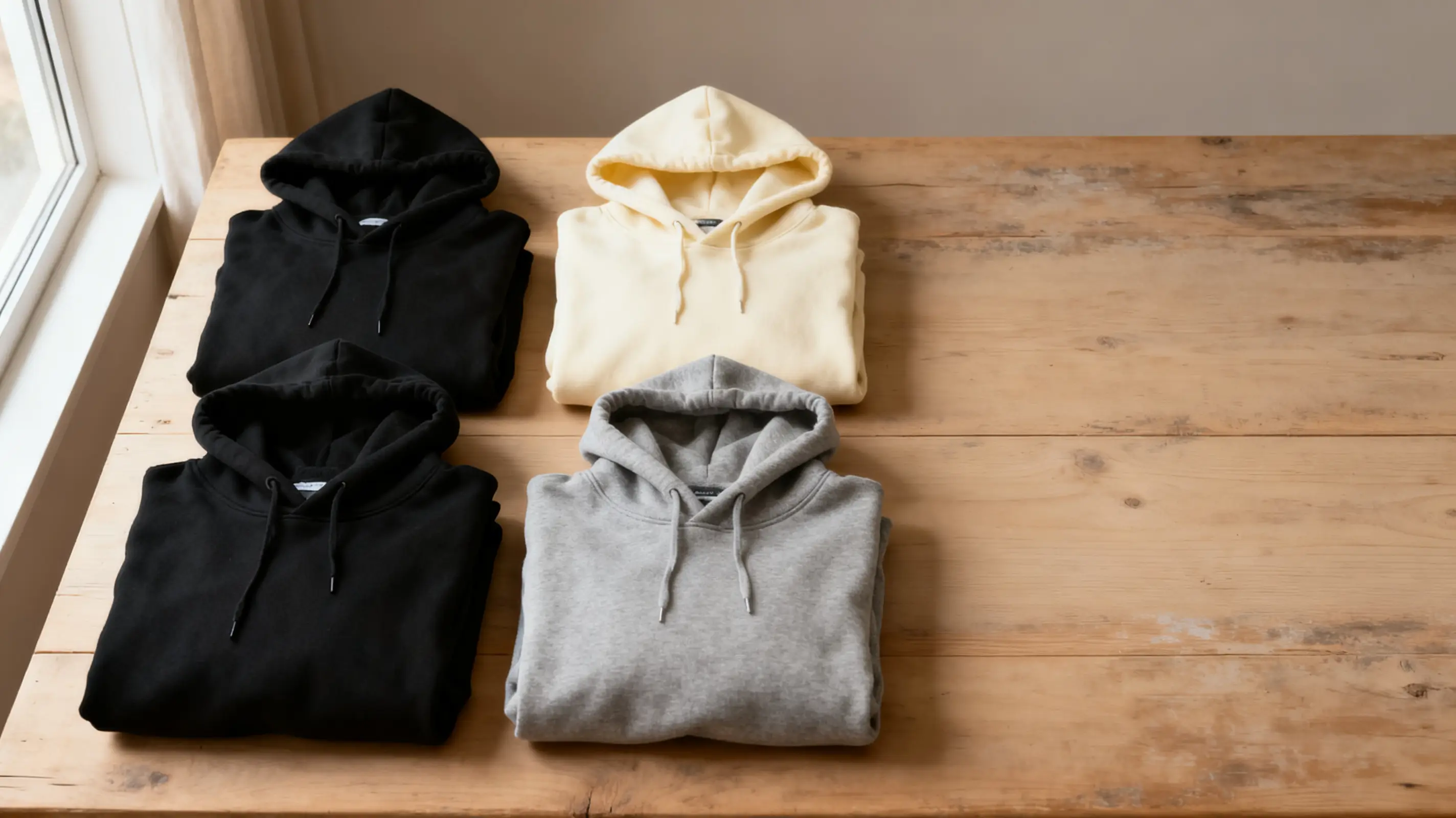Four hoodies in black, cream, and gray neatly folded on wooden table near window