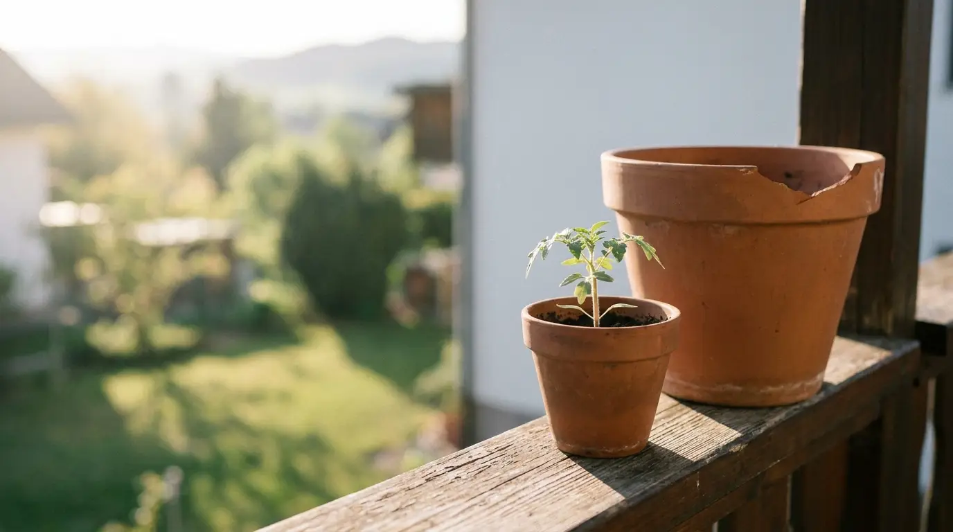 Small potted plant on sunny balcony railing with large empty pot nearby