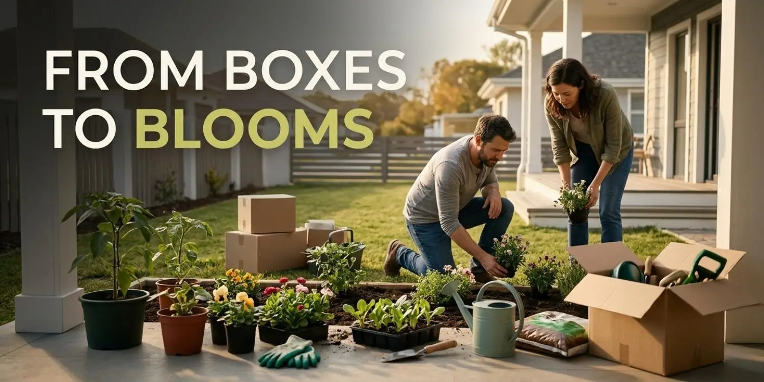 Two people planting flowers in a garden with boxes and gardening tools nearby