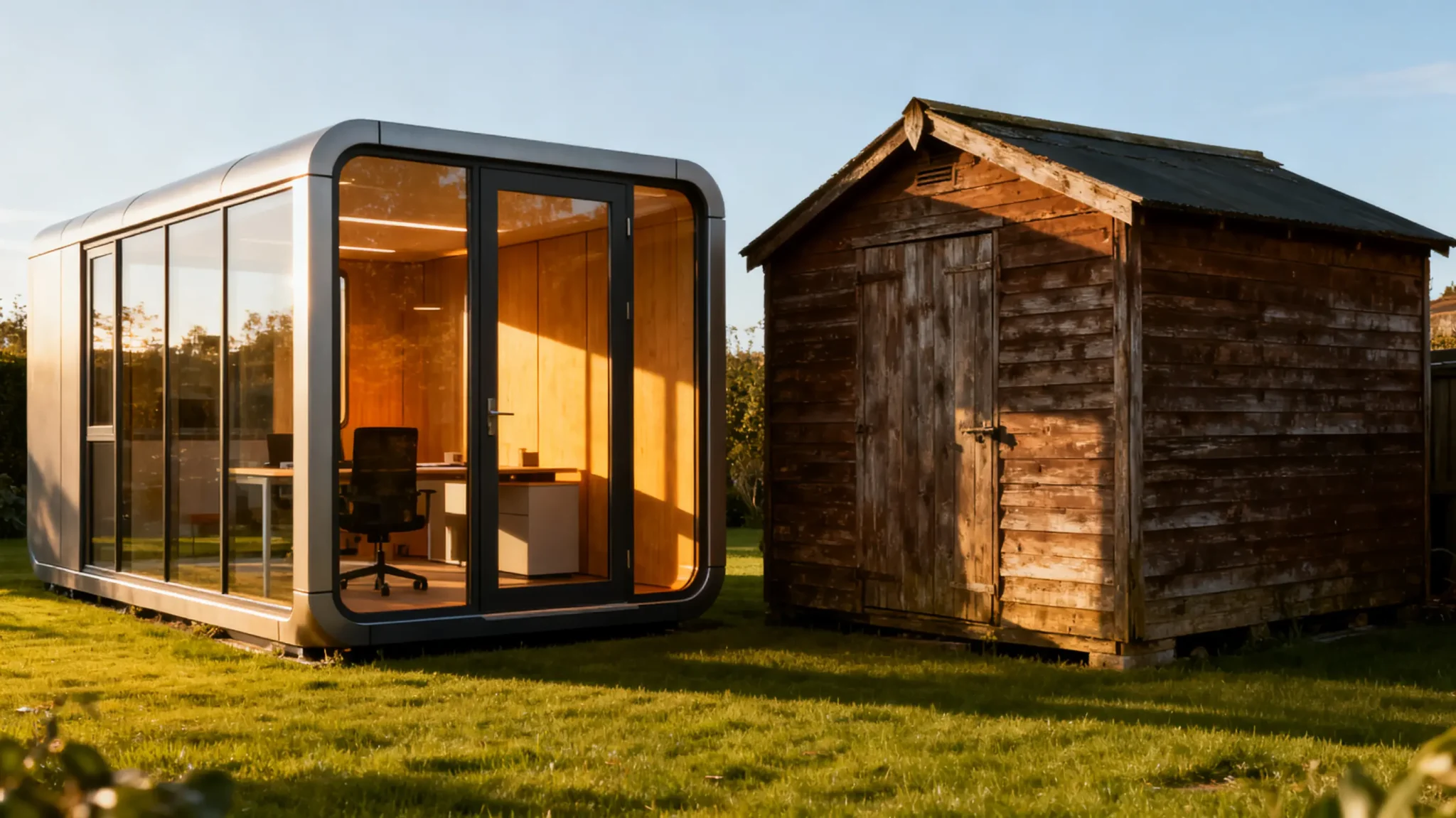 Modern glass office pod and rustic wooden shed on grassy lawn in warm sunlight