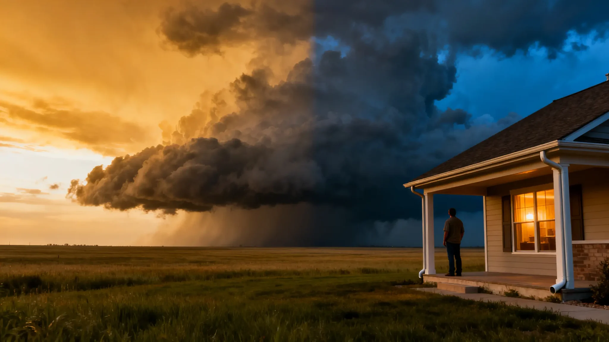 Stormy sky over prairie landscape with transition from day to night viewed from porch