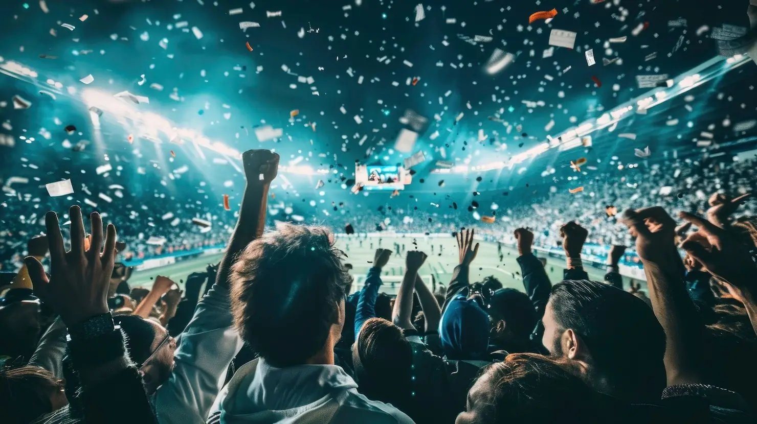 Crowd cheering with confetti in a brightly lit stadium at night