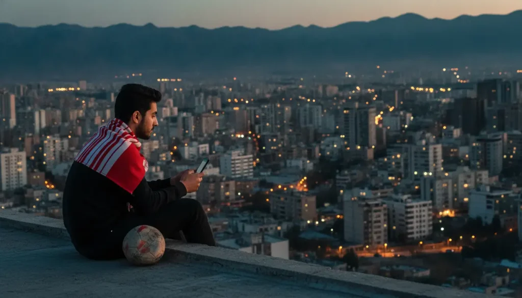 Young man seated on rooftop edge with soccer ball overlooking cityscape at dusk