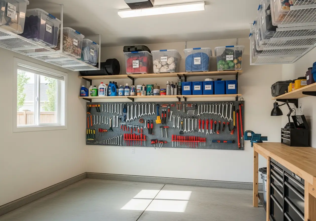 Organized garage with tools on pegboard and plastic storage bins on shelves