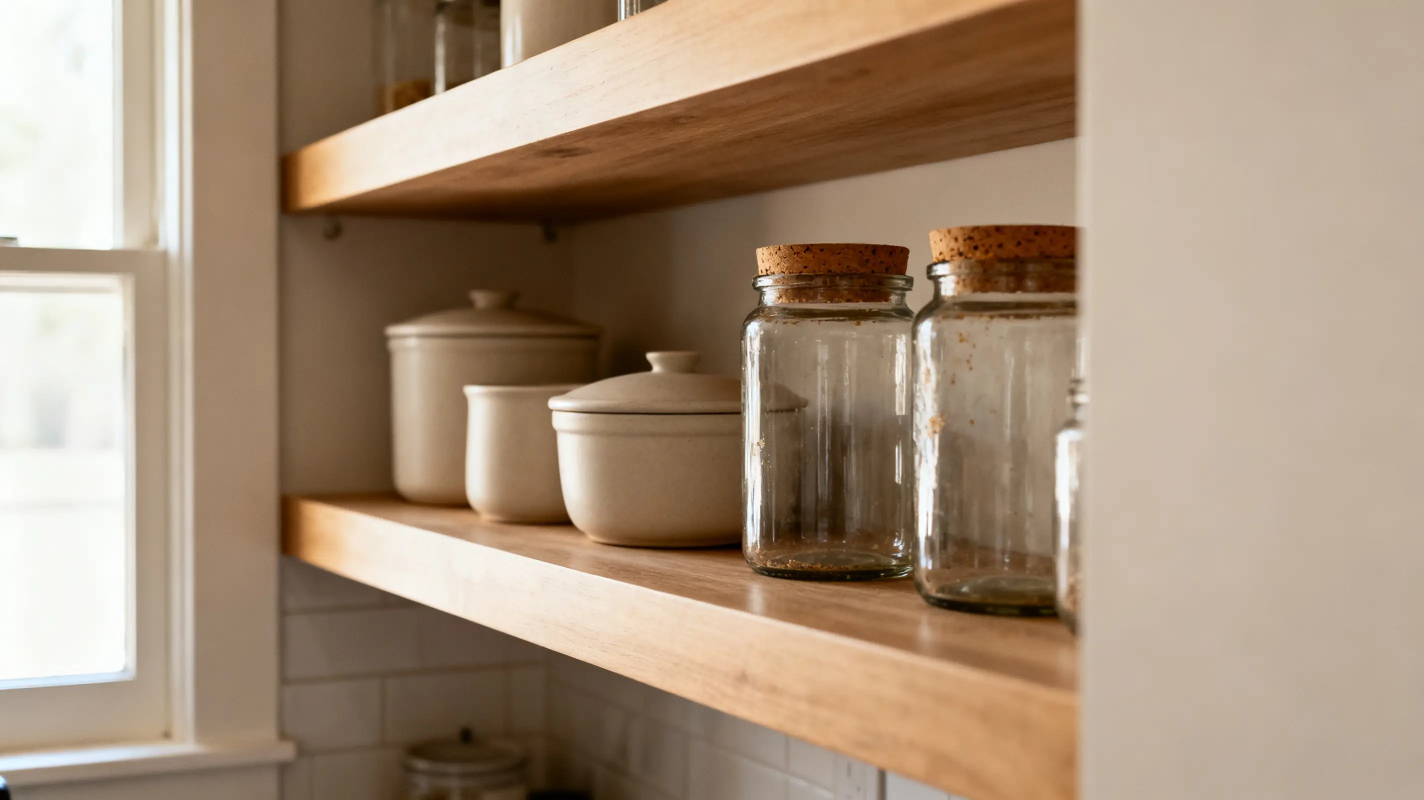 Glass jars and ceramic containers on wooden kitchen shelf near window in soft natural light
