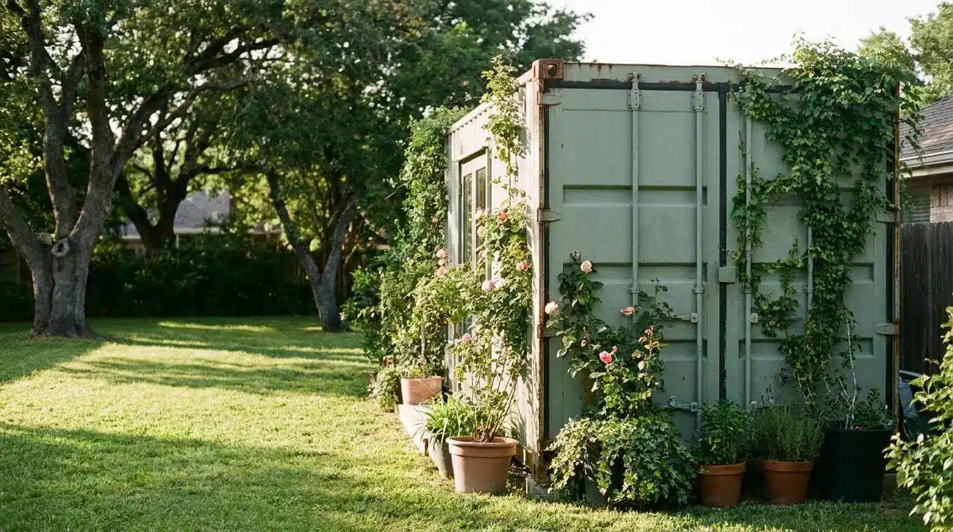 Green storage container covered in climbing plants and potted greenery in backyard garden setting