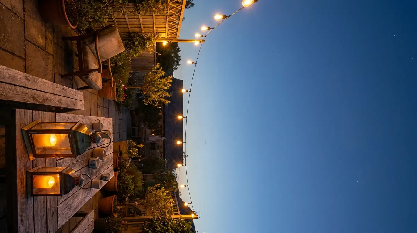 Wooden patio table with lanterns and cups under string lights at dusk