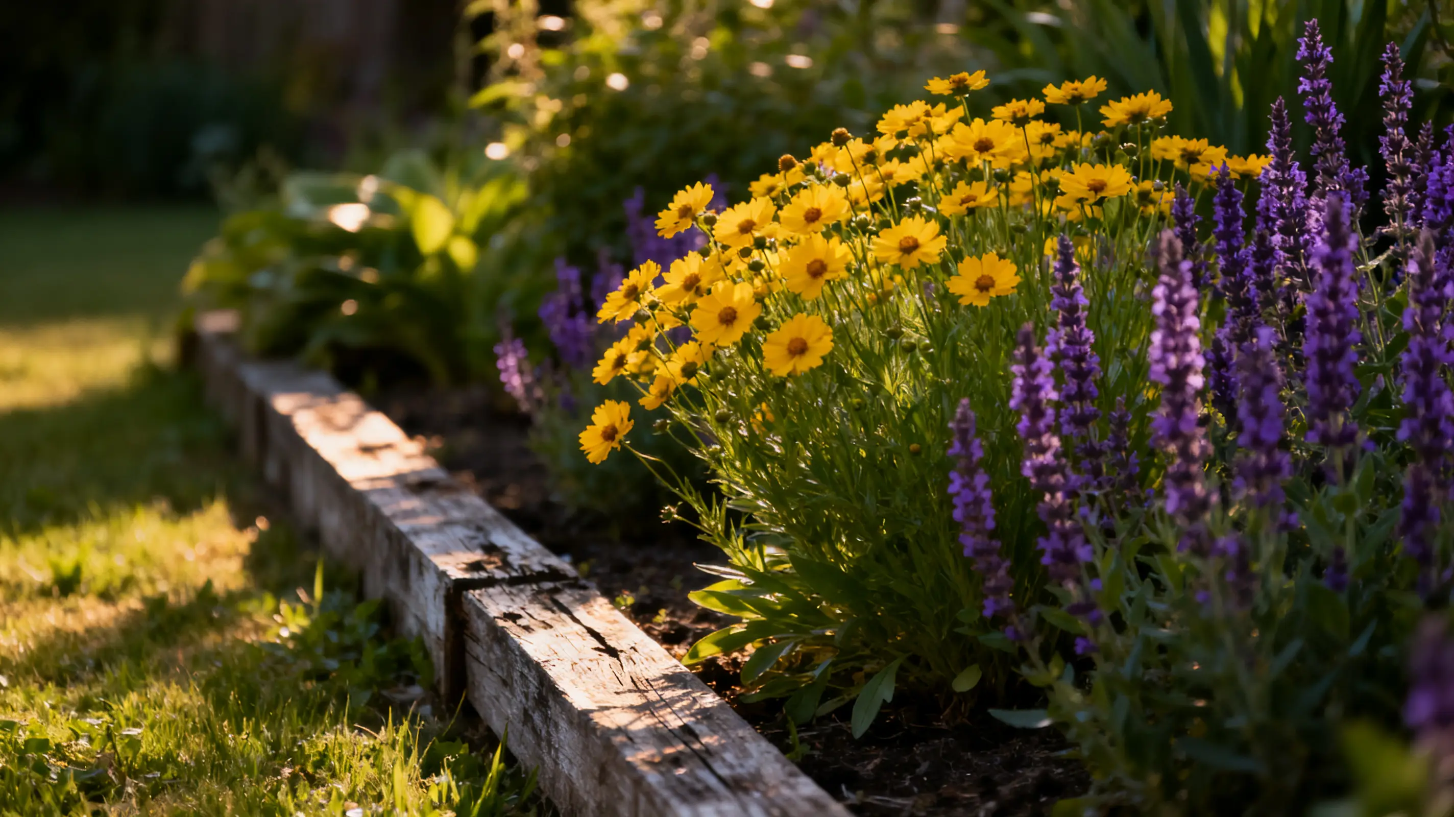 Yellow and purple flowers in sunlight in a garden bed with wooden border