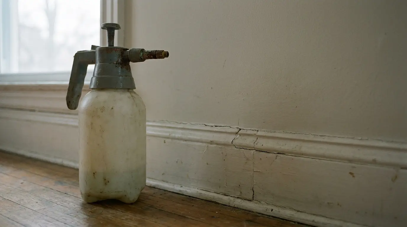 Weathered spray bottle on wooden floor with cracked wall baseboard under diffuse light