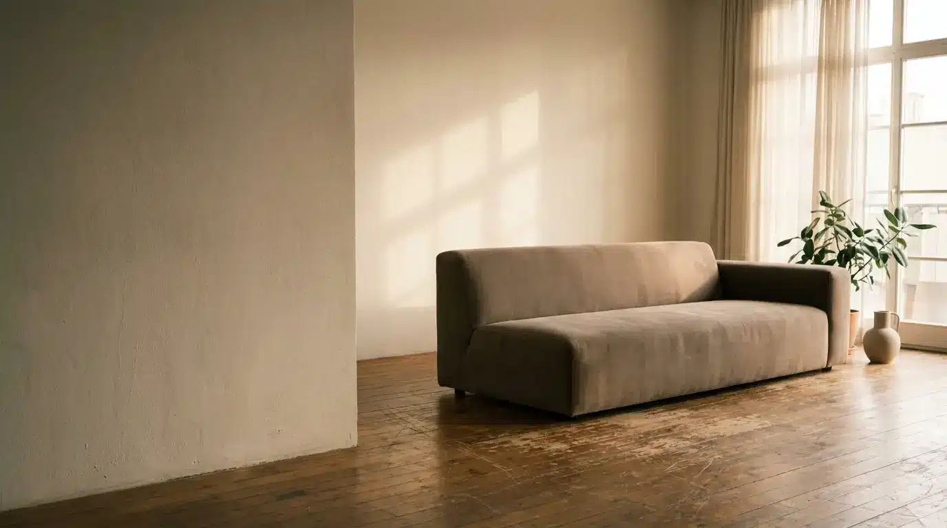 Minimalist living room with a beige sofa, wooden floor, and potted plant by a window