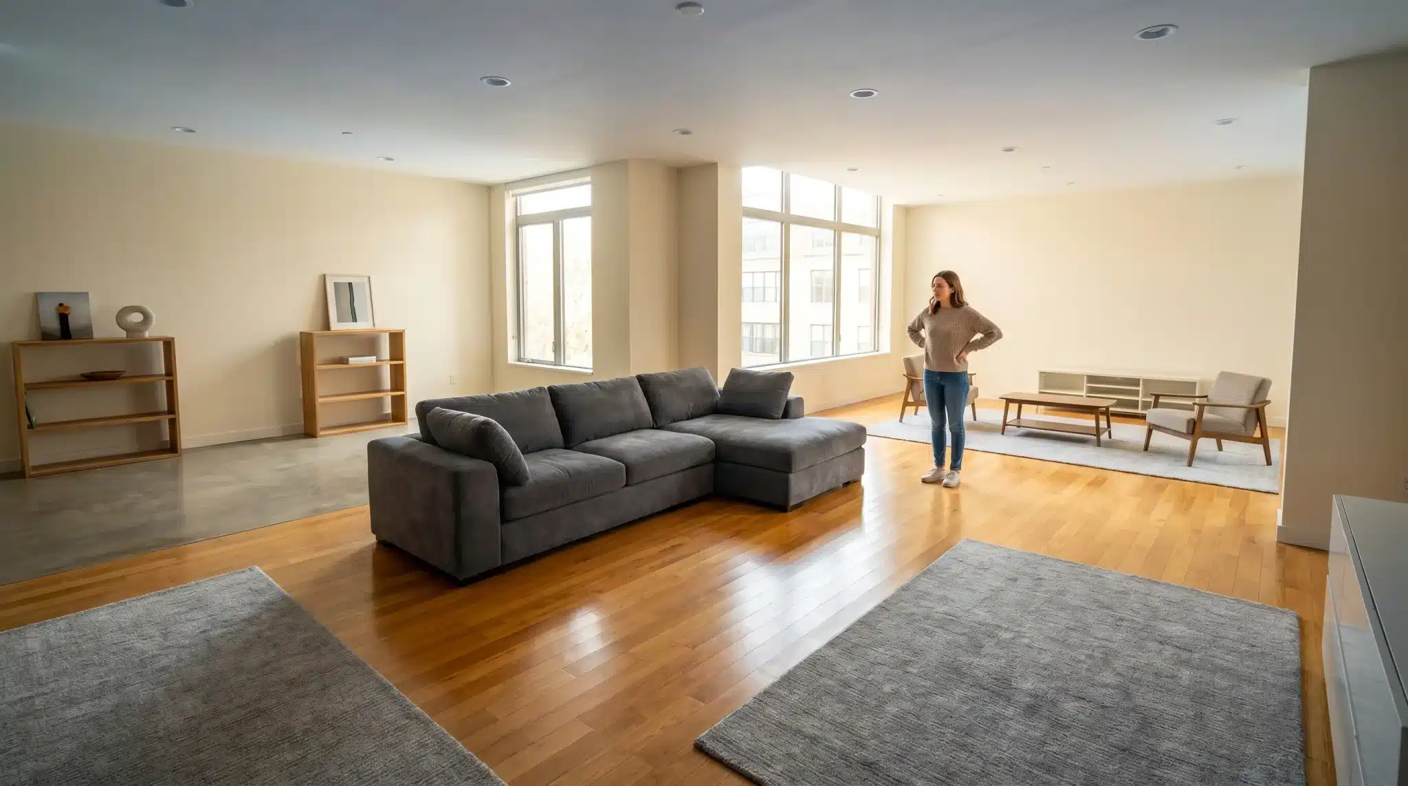 Spacious living room with gray sectional sofa and person standing on hardwood floor