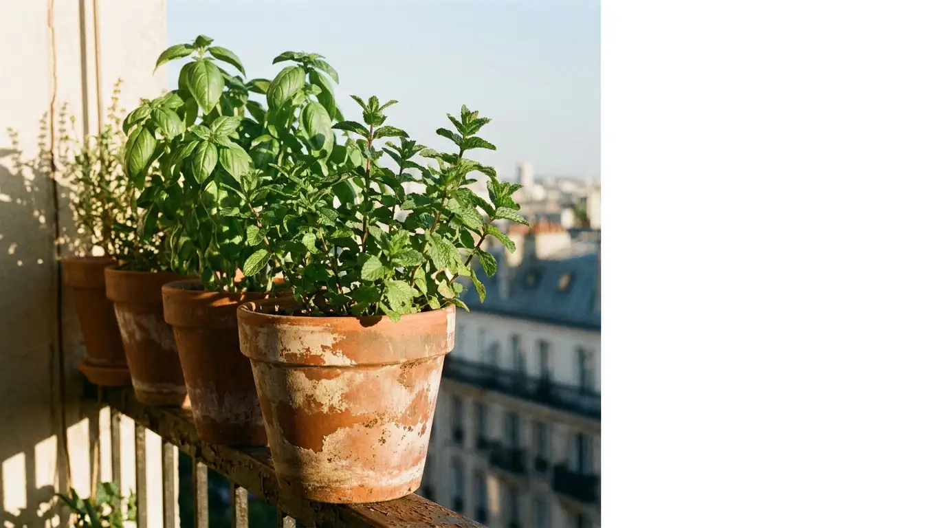 Potted herbs on a sunny balcony ledge overlooking city buildings