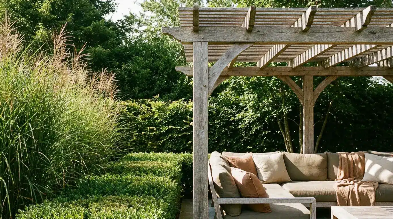 Rustic wooden pergola with beige sofa and pillows in lush green garden setting