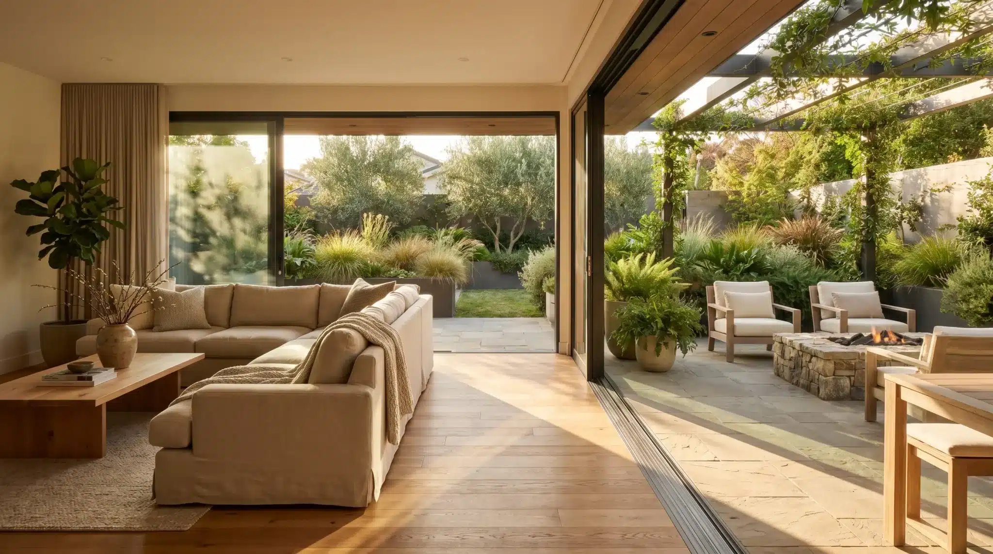 Spacious living room with large beige sectional sofa and open patio view in natural light