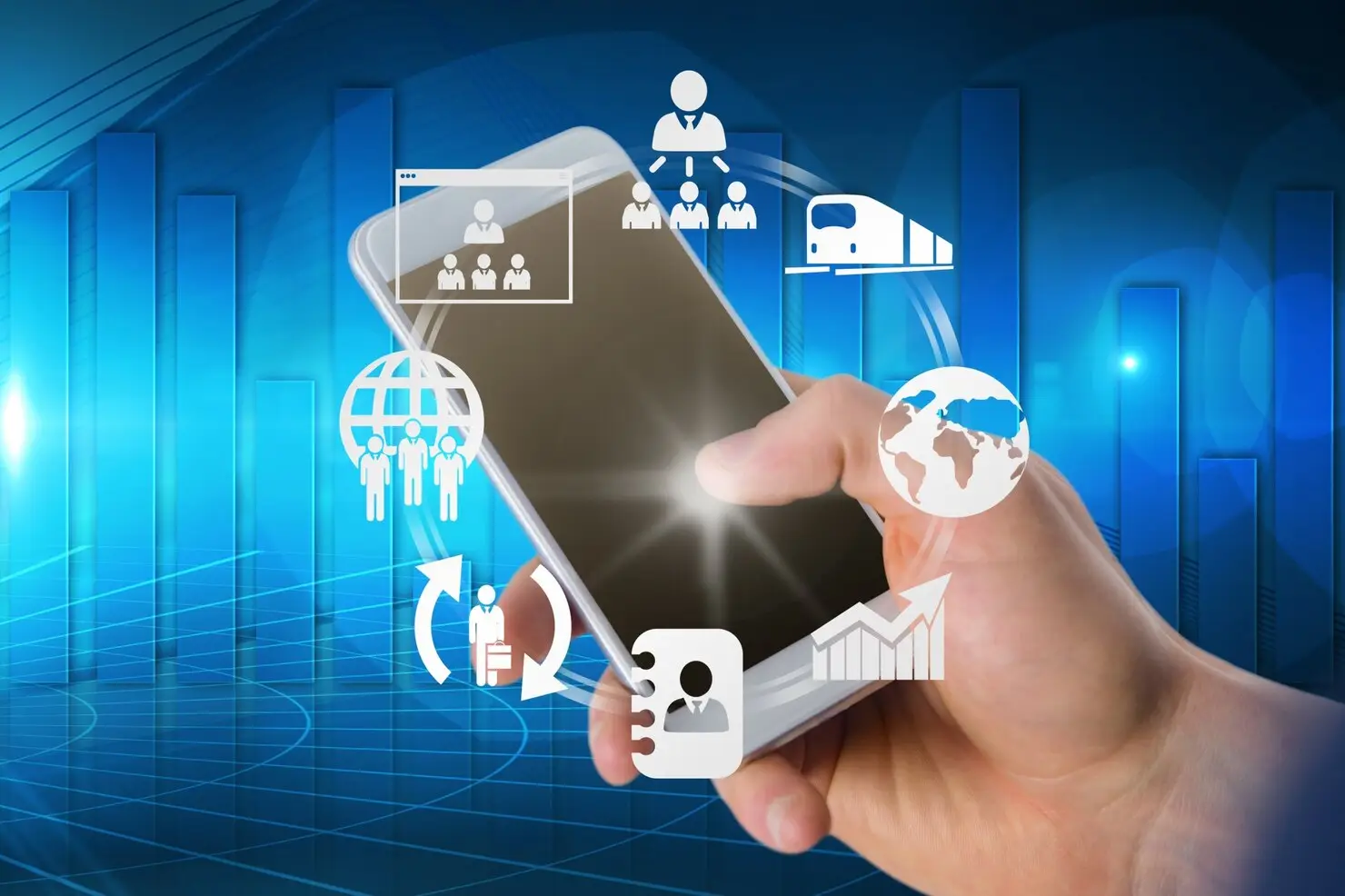Hand holding smartphone surrounded by digital business icons on a blue futuristic background