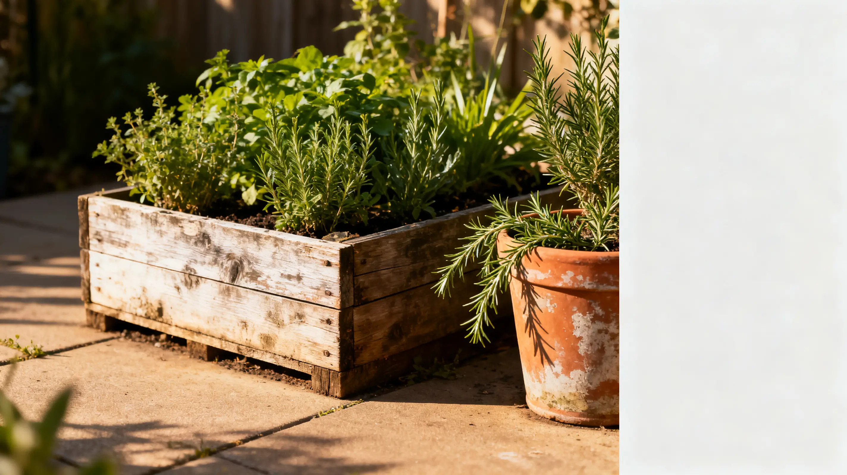Herb garden in wooden planter and clay pot on sunny patio