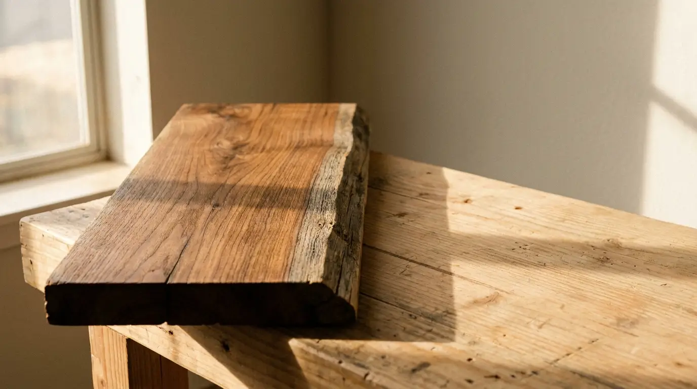Rustic wooden board on a wooden table under warm natural light