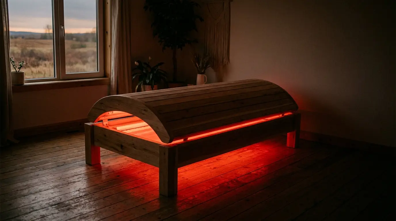 Wooden infrared sauna bed with glowing red light in cozy room with wooden flooring