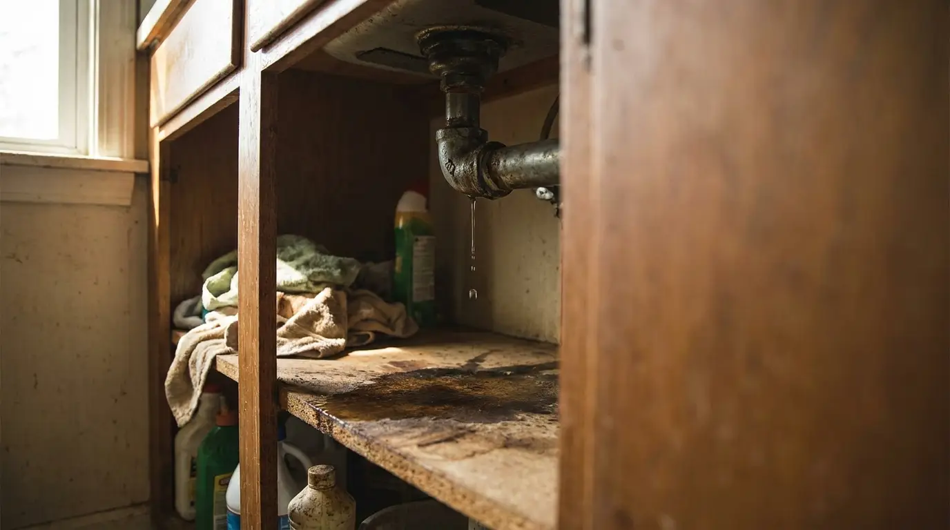 Dripping pipe under sink with cleaning supplies and towels in dimly lit cabinet
