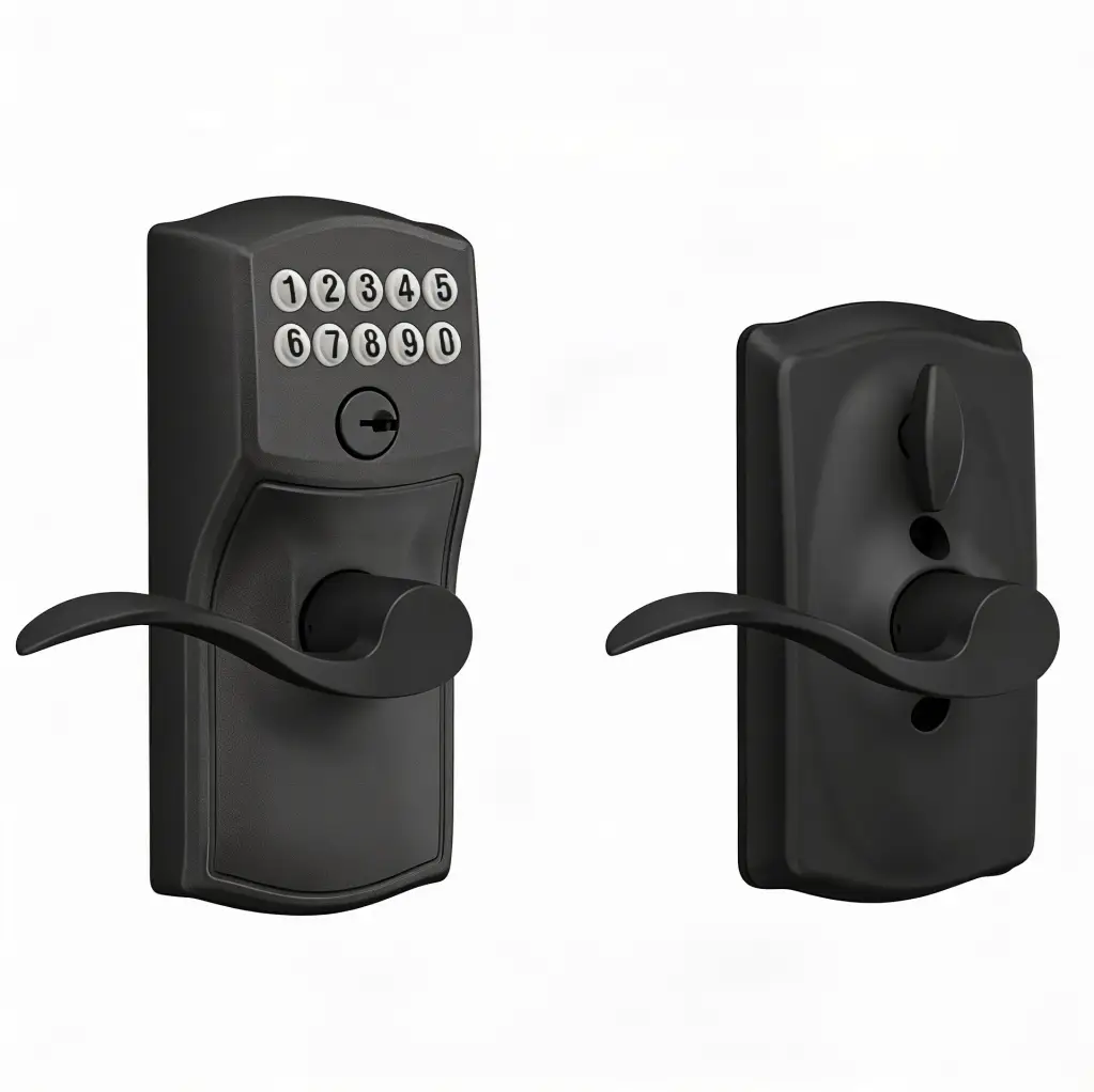 Black keypad door lockset with lever handles on white background
