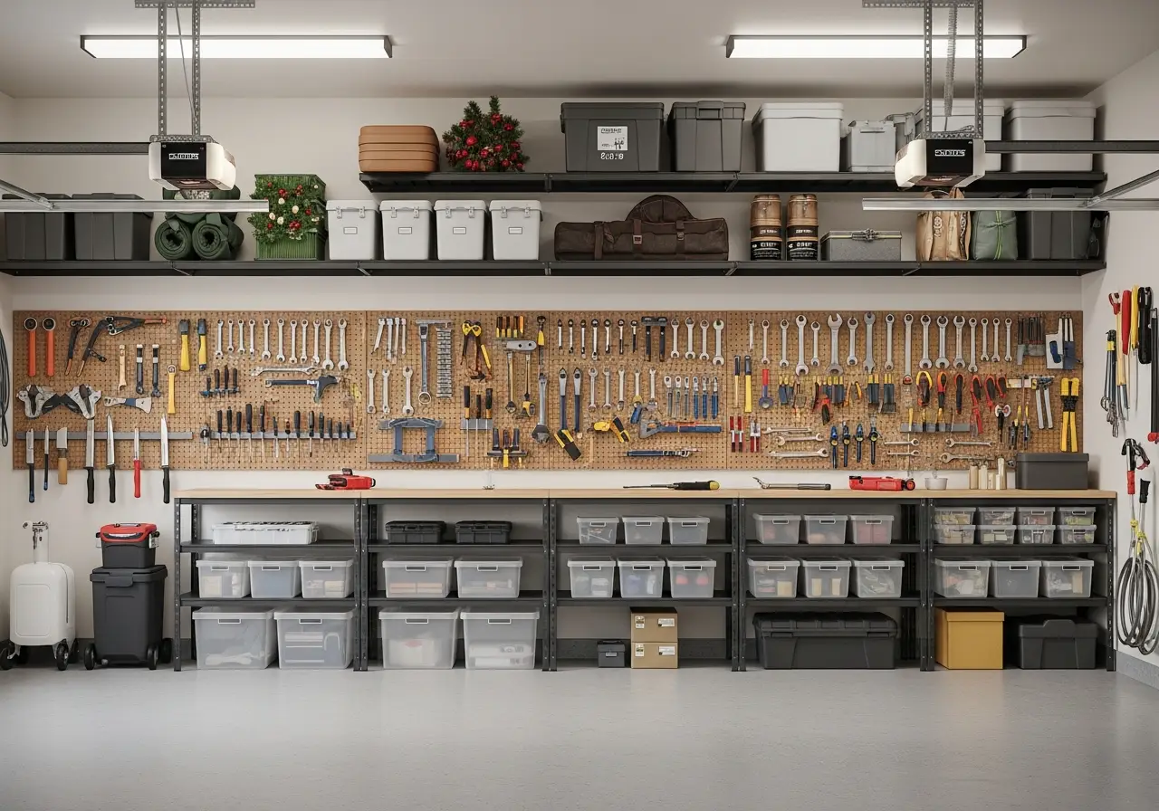 Organized garage workshop with tools on pegboard and clear storage bins on shelves