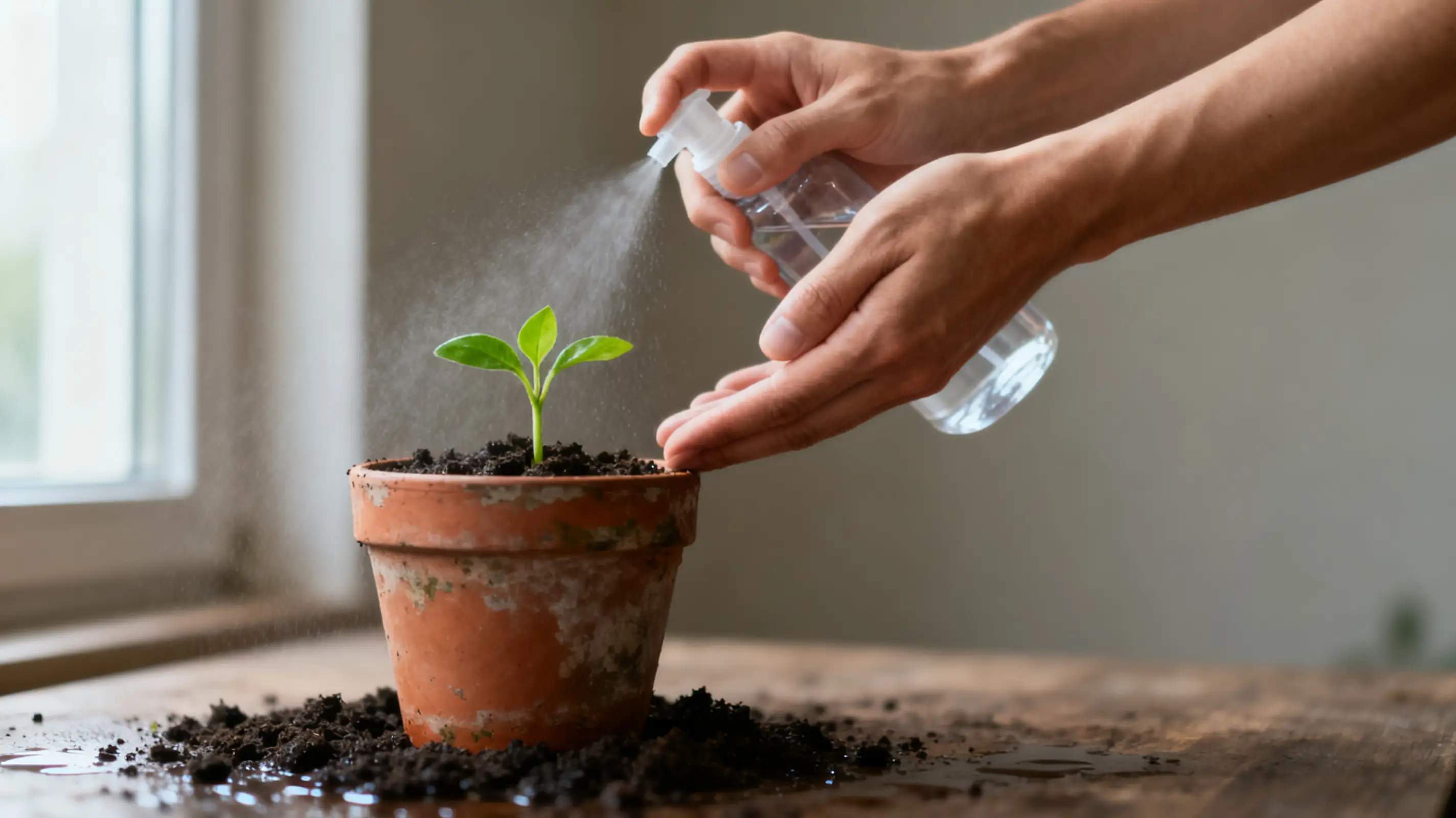 Spraying water on seedling in terracotta pot on wooden table indoors