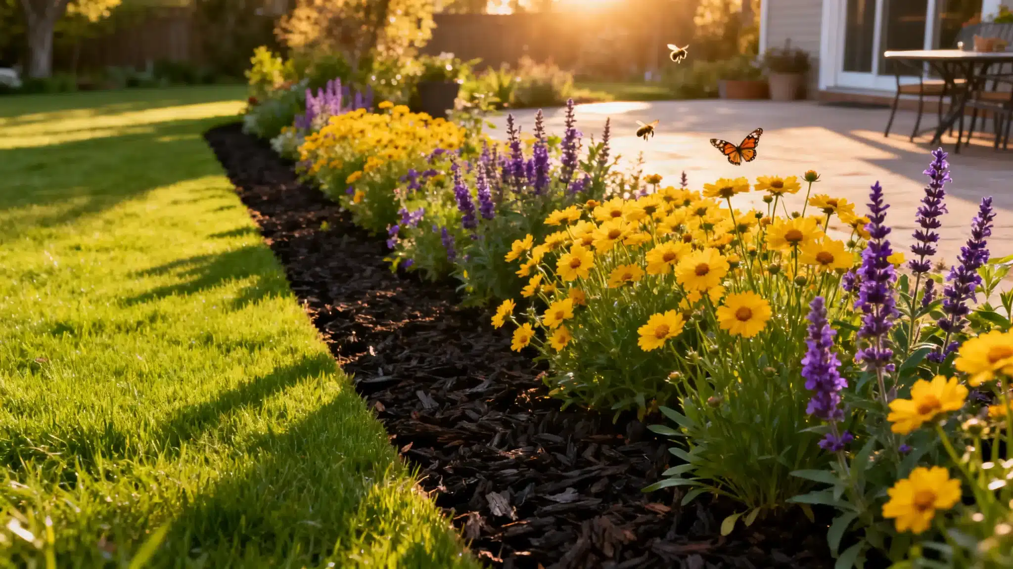 Yellow and purple flowers in garden with butterflies and bees in warm sunlight