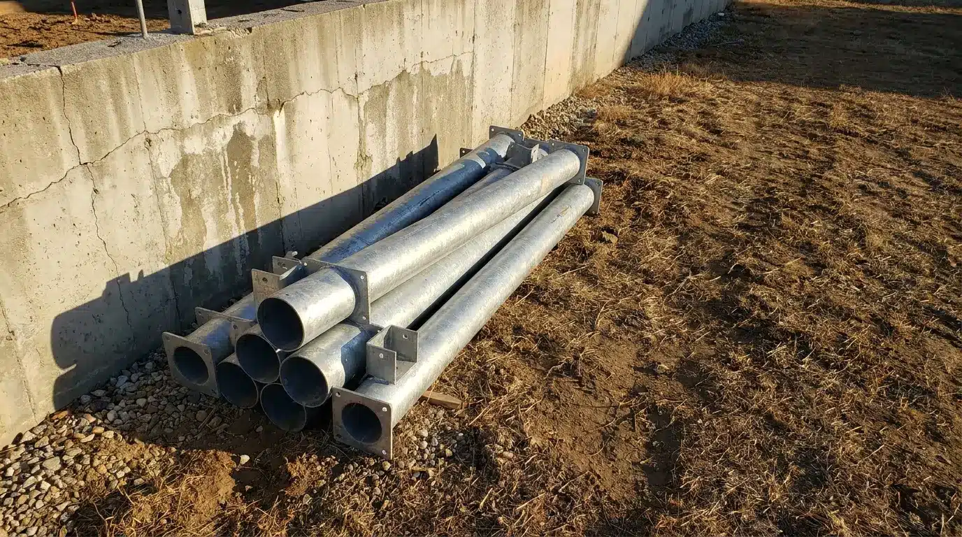 Metal pipes stacked against a concrete wall in a construction site outdoor setting