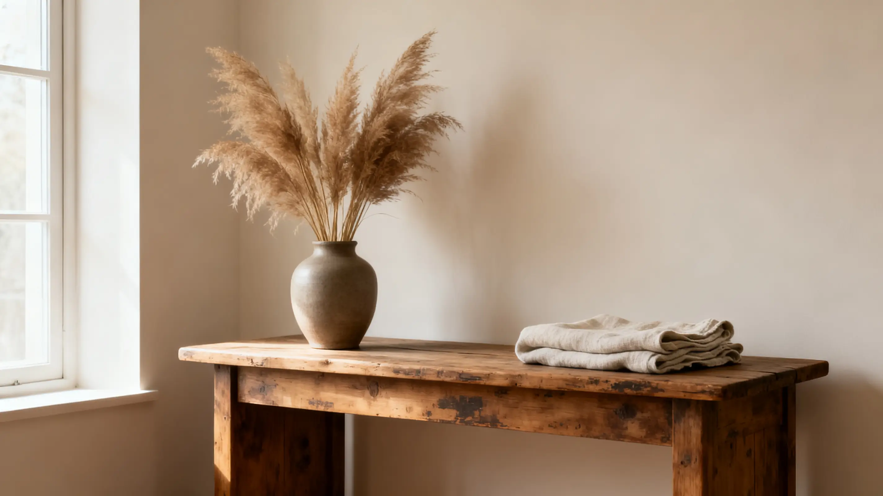 Vase with pampas grass on rustic wooden table beside folded linen in bright room