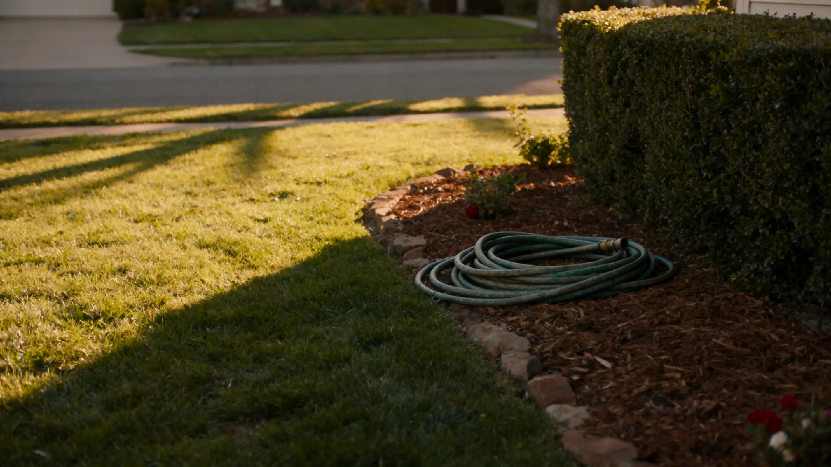 Coiled garden hose on mulch beside trimmed hedge in sunlit yard scene