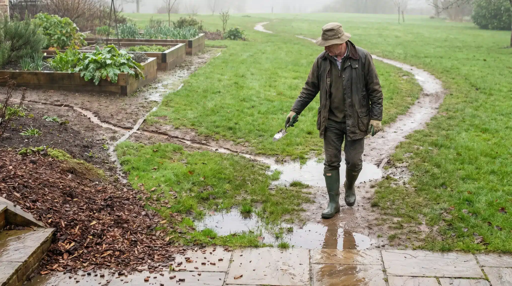 Man in raincoat and boots walking on muddy garden path near raised beds