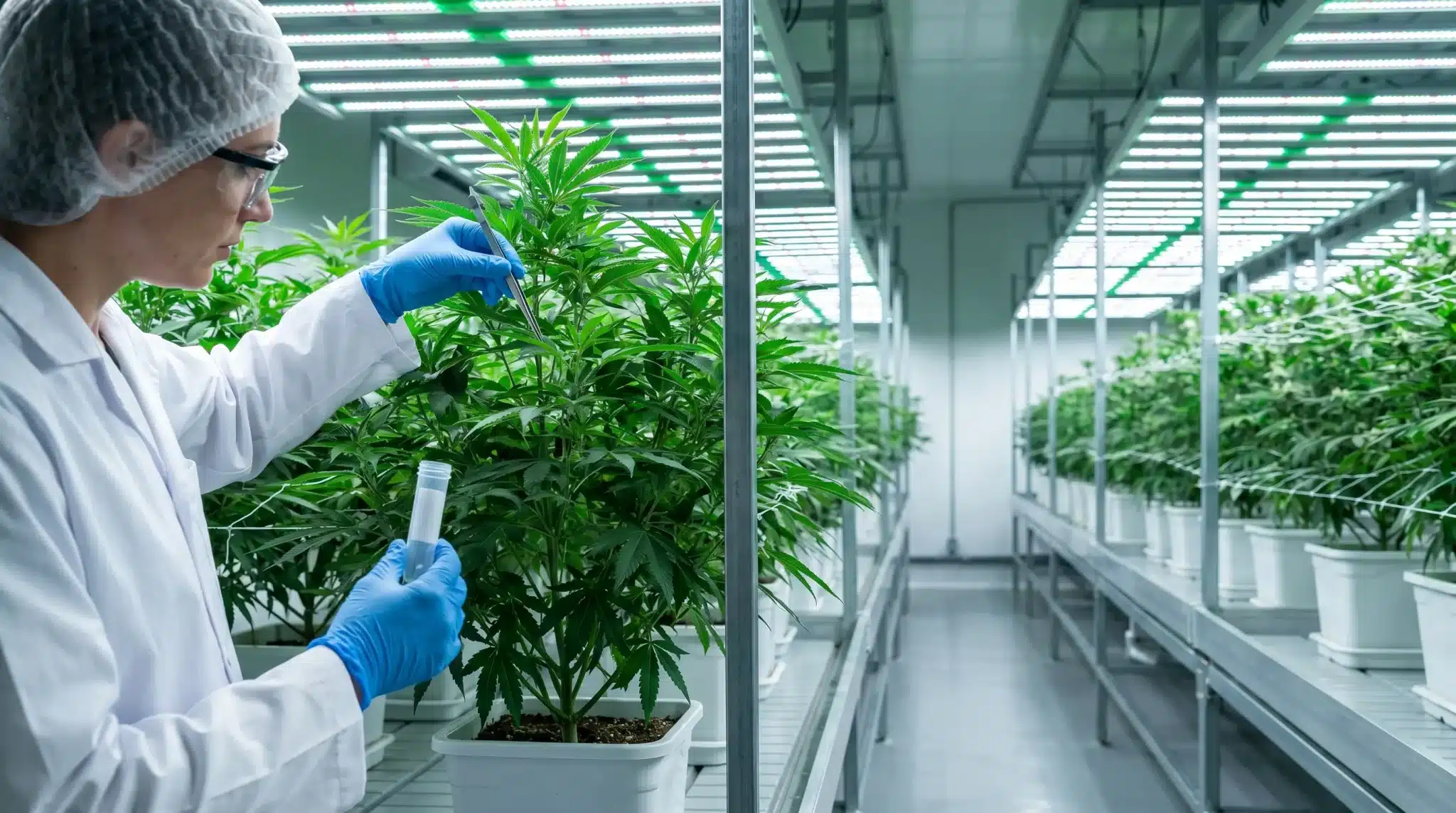 Scientist examining cannabis plants in indoor cultivation facility with bright LED lighting