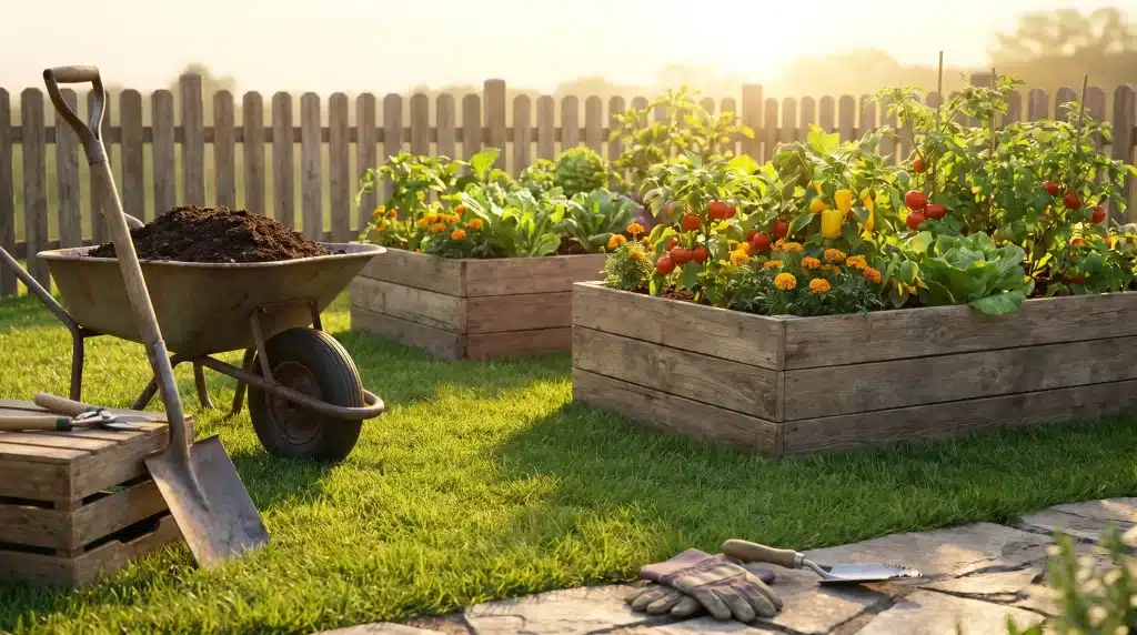 Wheelbarrow next to raised garden beds with vegetables and flowers in sunny backyard garden