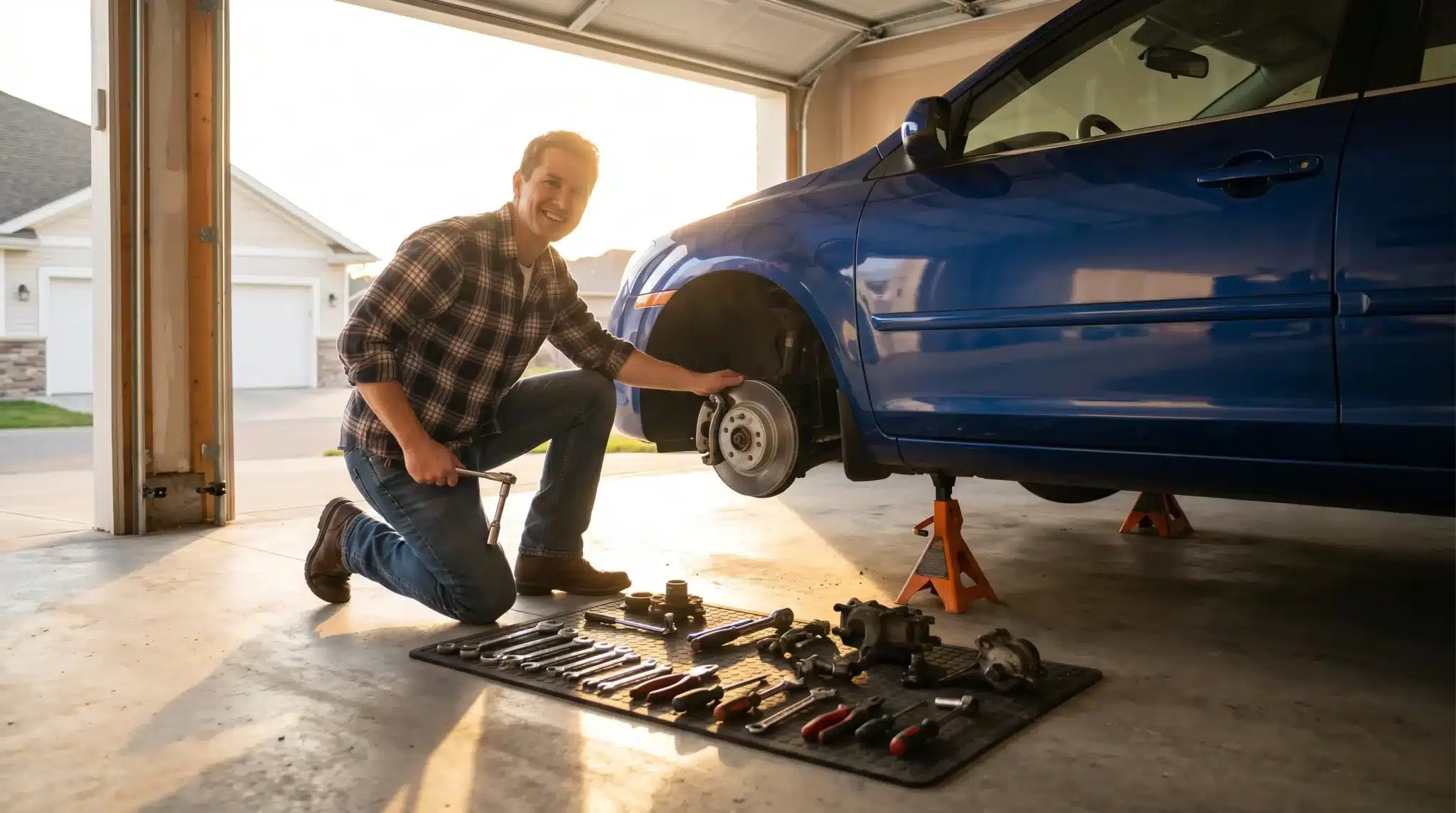Man kneeling in garage working on blue car with tools spread on floor