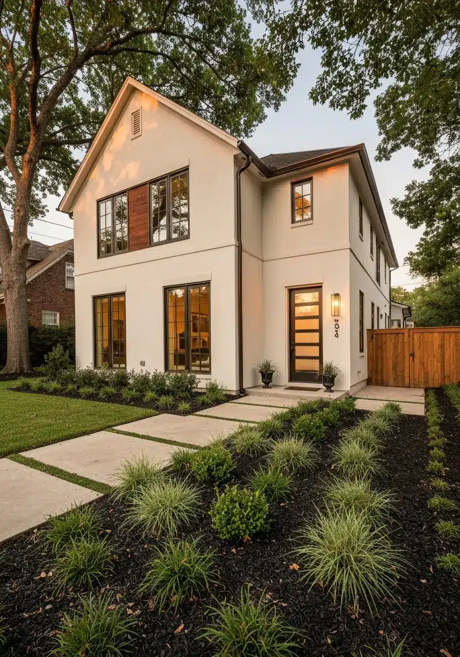 Modern two-story house with beige exterior and landscaped front yard at sunset