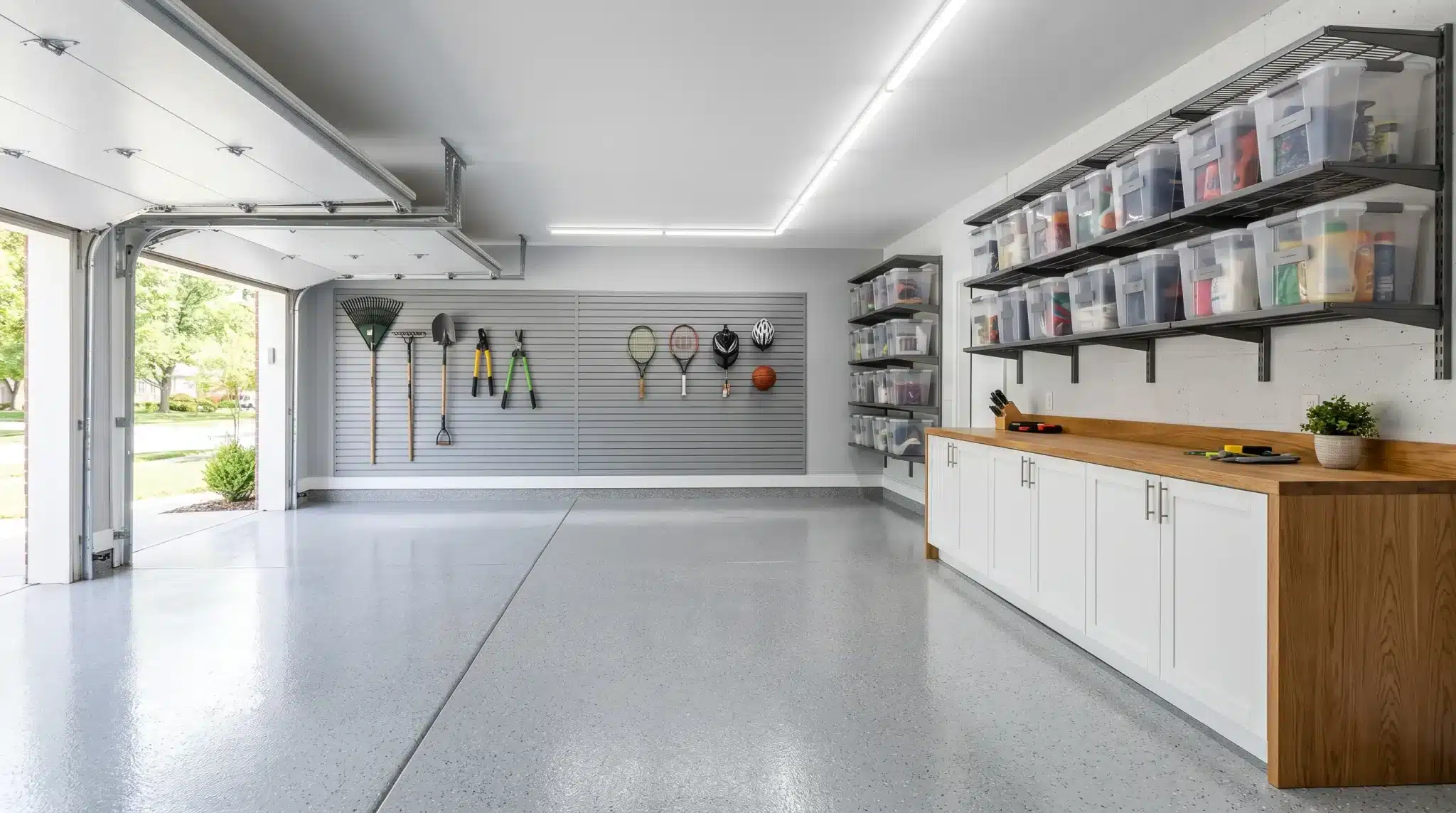 Organized garage with wall-mounted tools, plastic storage bins, and wooden countertop under bright lighting