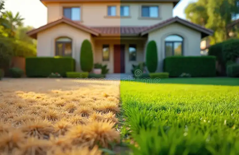 Dual view of a front yard showing dry grass on left and lush green grass on right